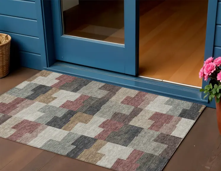 3' X 5' Orange Copper And Charcoal Geometric Washable Indoor Outdoor Area Rug