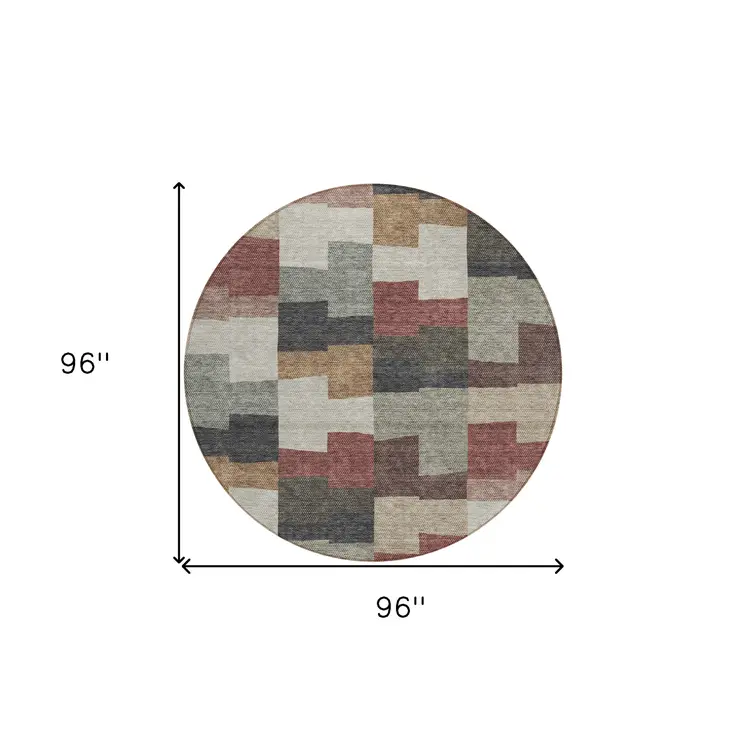 8' Orange Copper And Charcoal Round Geometric Washable Indoor Outdoor Area Rug