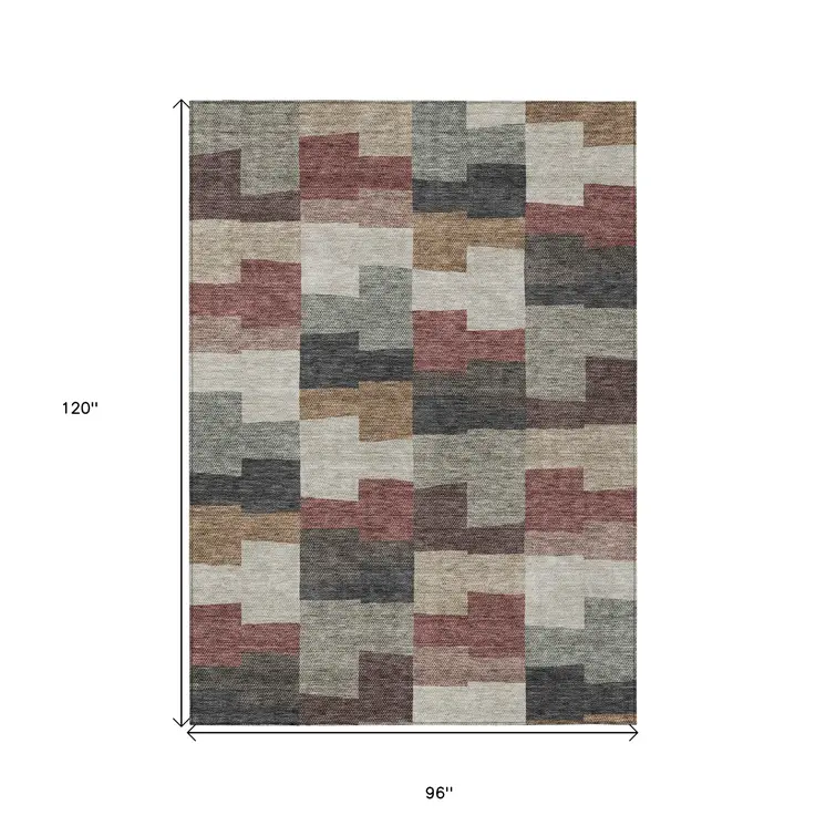 8' X 10' Orange Copper And Charcoal Geometric Washable Indoor Outdoor Area Rug