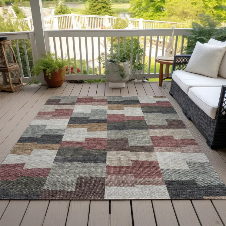 8' X 10' Orange Copper And Charcoal Geometric Washable Indoor Outdoor Area Rug