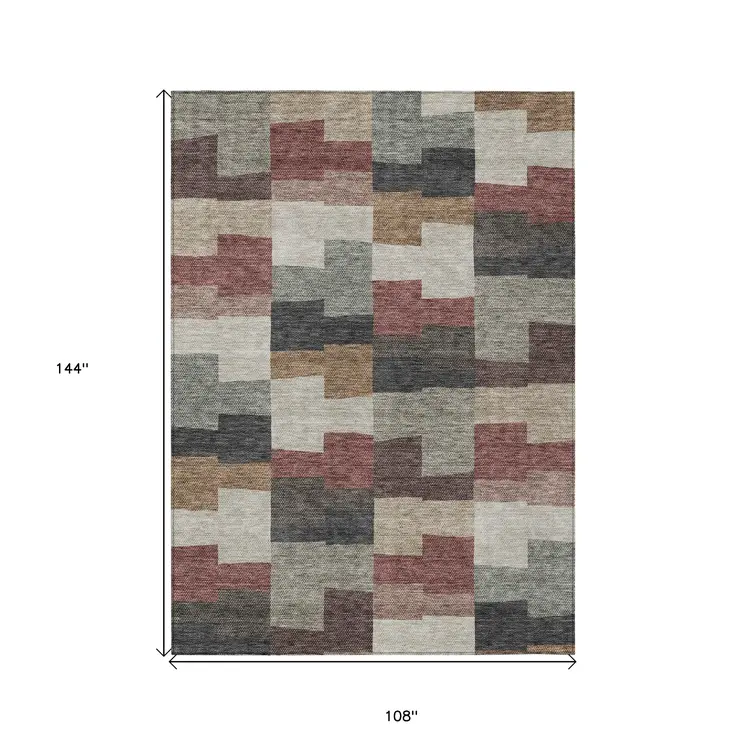 9' X 12' Orange Copper And Charcoal Geometric Washable Indoor Outdoor Area Rug