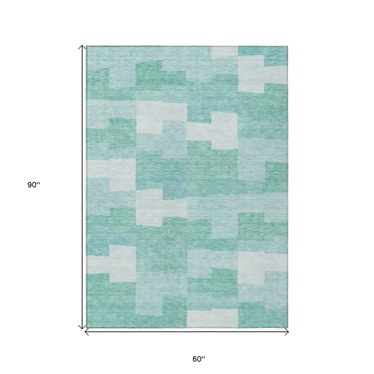 5' X 8' Teal Blue And Aqua Geometric Washable Indoor Outdoor Area Rug