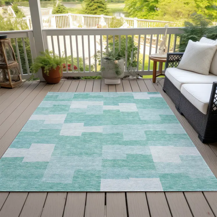 5' X 8' Teal Blue And Aqua Geometric Washable Indoor Outdoor Area Rug