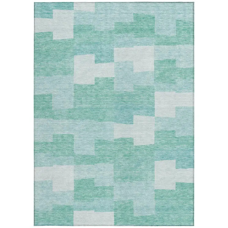 5' X 8' Teal Blue And Aqua Geometric Washable Indoor Outdoor Area Rug