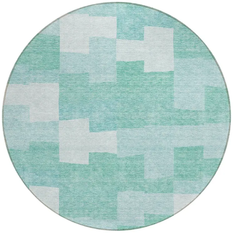 8' Teal Blue And Aqua Round Geometric Washable Indoor Outdoor Area Rug