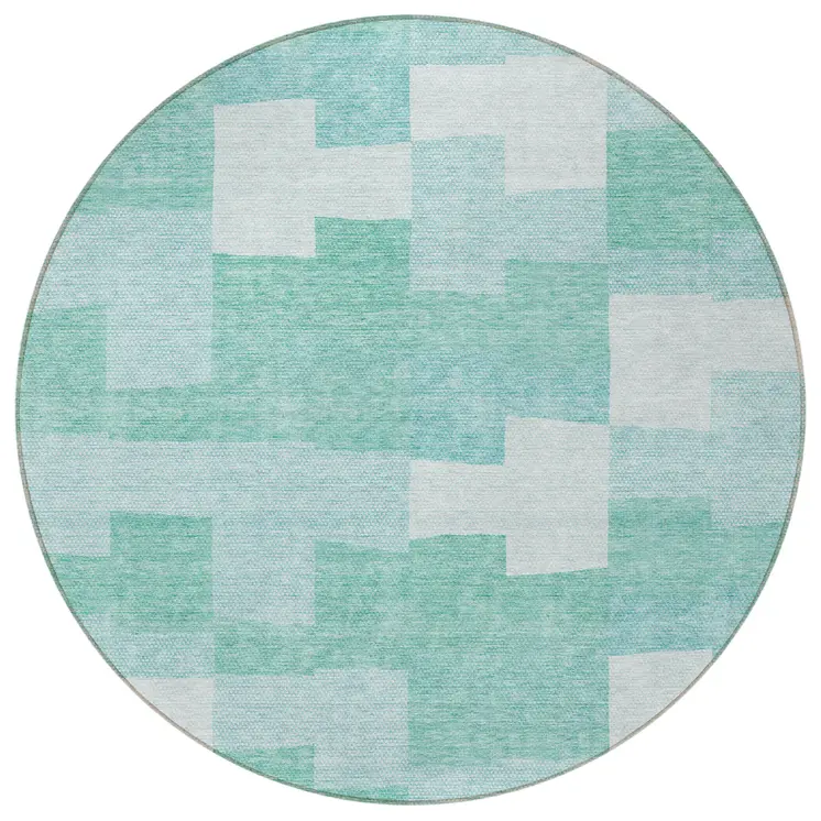 8' Teal Blue And Aqua Round Geometric Washable Indoor Outdoor Area Rug