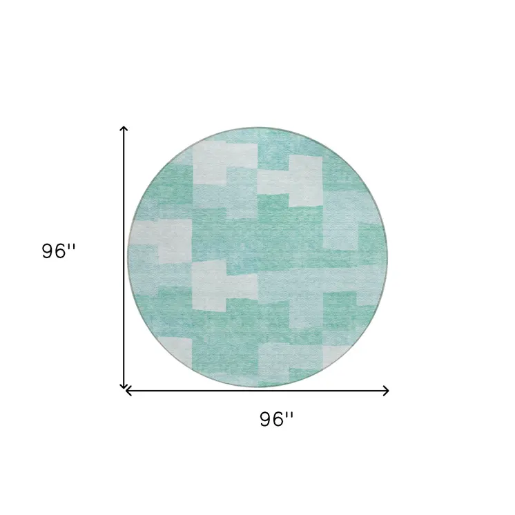 8' Teal Blue And Aqua Round Geometric Washable Indoor Outdoor Area Rug