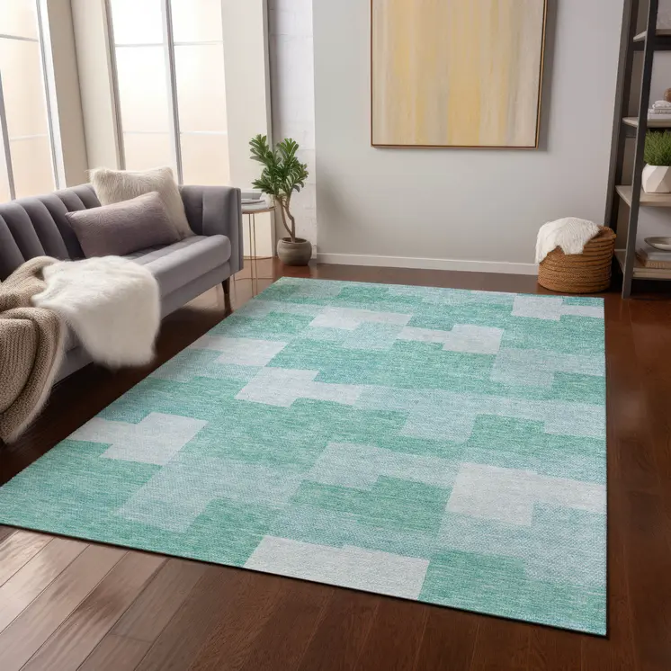 8' X 10' Teal Blue And Aqua Geometric Washable Indoor Outdoor Area Rug