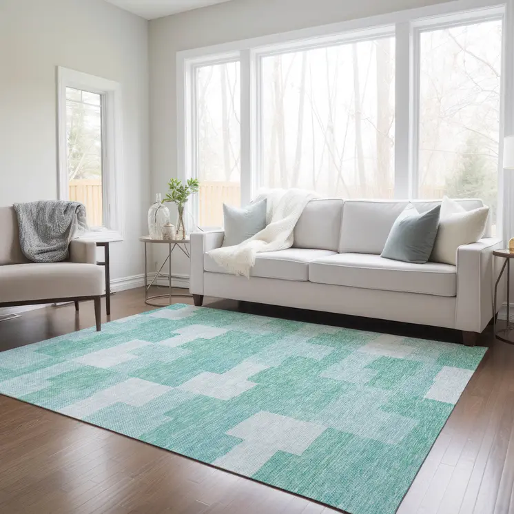 8' X 10' Teal Blue And Aqua Geometric Washable Indoor Outdoor Area Rug