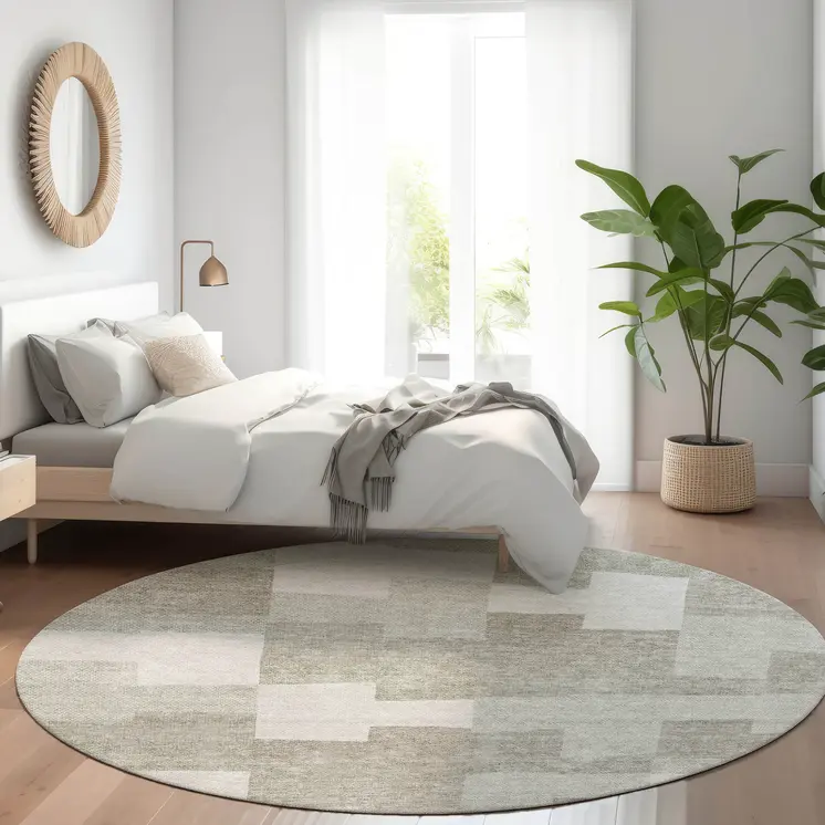 8' Taupe Brown And Beige Round Geometric Washable Indoor Outdoor Area Rug