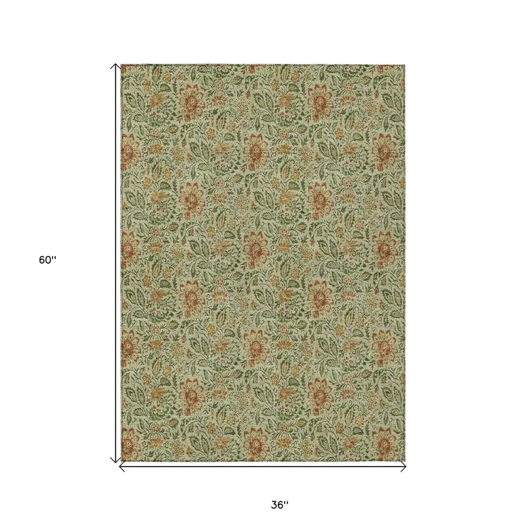 3' X 5' Green Copper And Sage Floral Washable Indoor Outdoor Area Rug