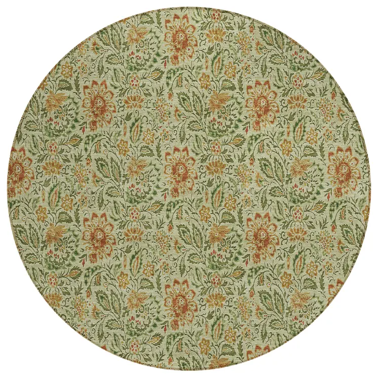 8' Green Copper And Sage Round Floral Washable Indoor Outdoor Area Rug