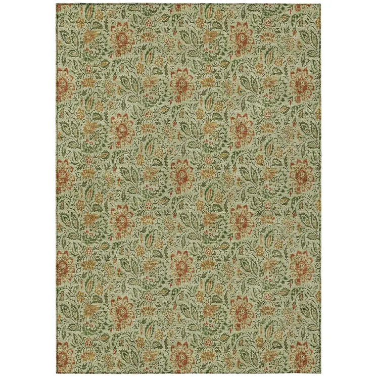 9' X 12' Green Copper And Sage Floral Washable Indoor Outdoor Area Rug