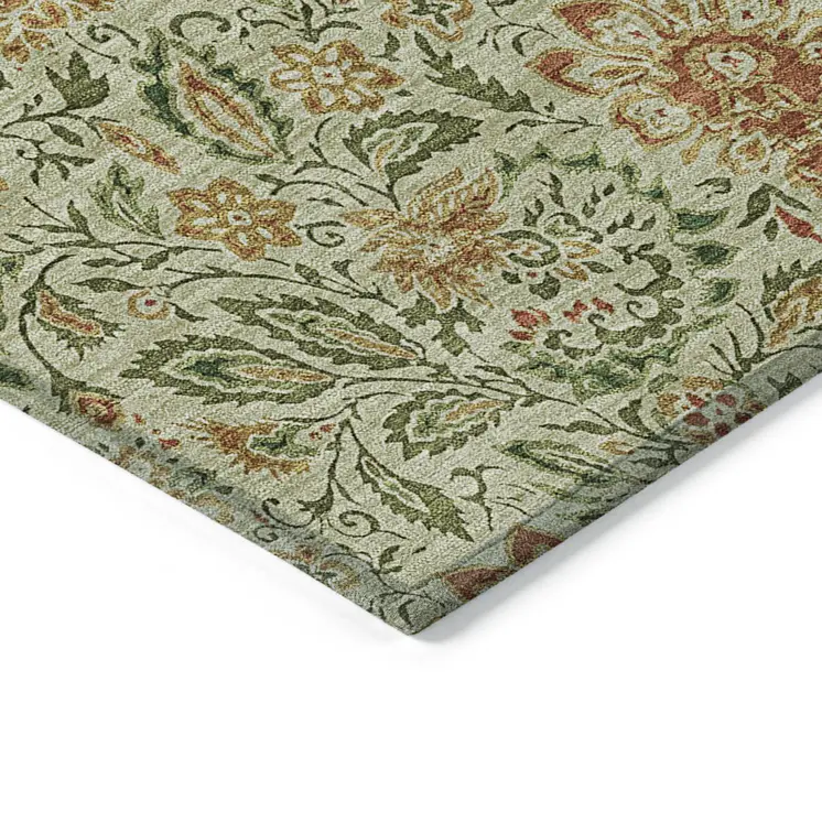 9' X 12' Green Copper And Sage Floral Washable Indoor Outdoor Area Rug