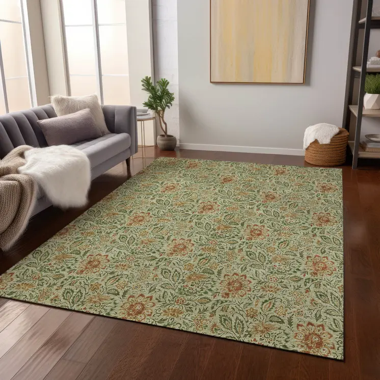 9' X 12' Green Copper And Sage Floral Washable Indoor Outdoor Area Rug