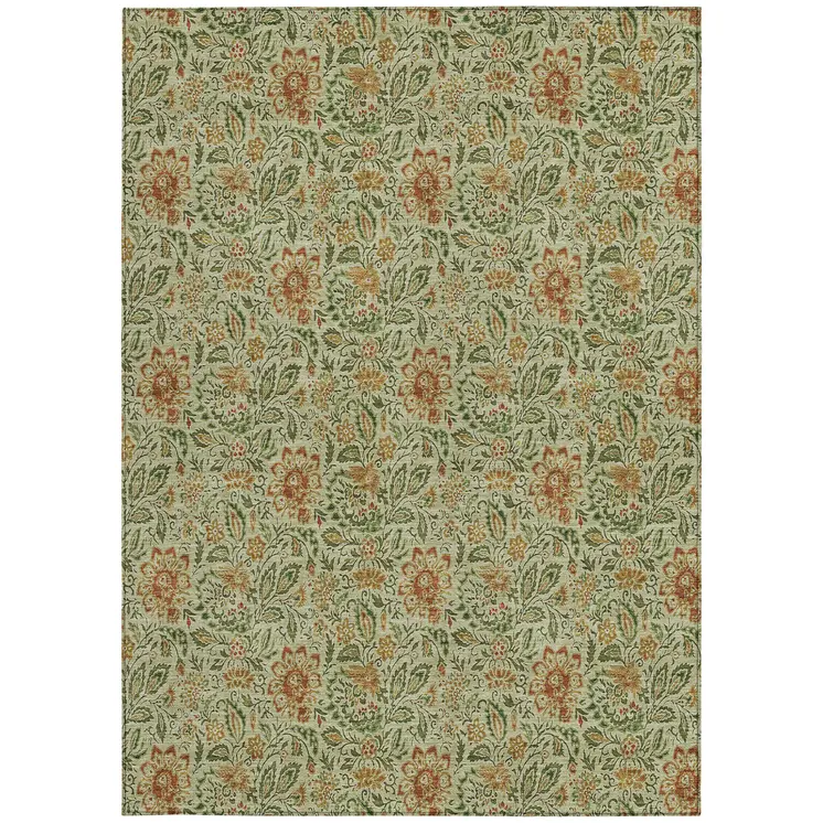 10' X 14' Green Copper And Sage Floral Washable Indoor Outdoor Area Rug