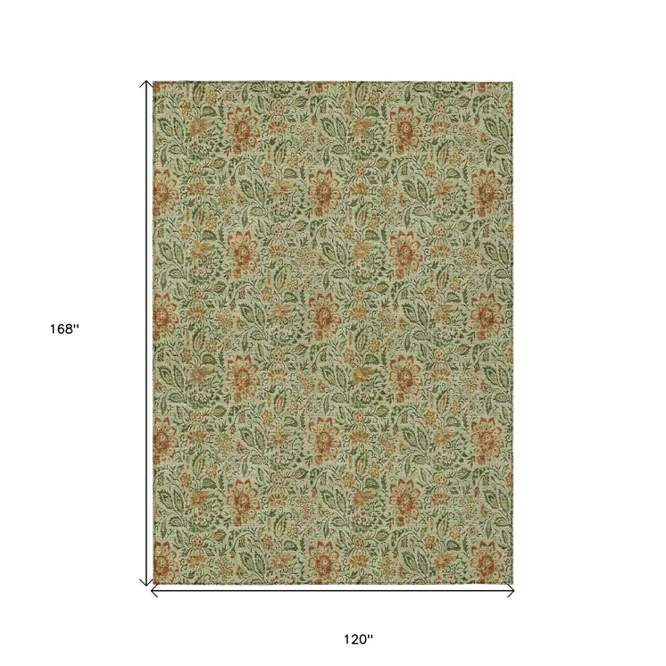 10' X 14' Green Copper And Sage Floral Washable Indoor Outdoor Area Rug