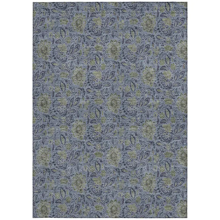3' X 5' Denim Blue Navy Blue And Gray Floral Washable Indoor Outdoor Area Rug