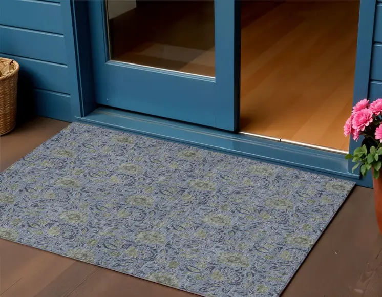 3' X 5' Denim Blue Navy Blue And Gray Floral Washable Indoor Outdoor Area Rug