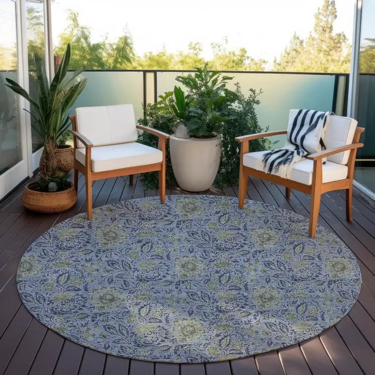 8' Denim Blue Navy Blue And Gray Round Floral Washable Indoor Outdoor Area Rug