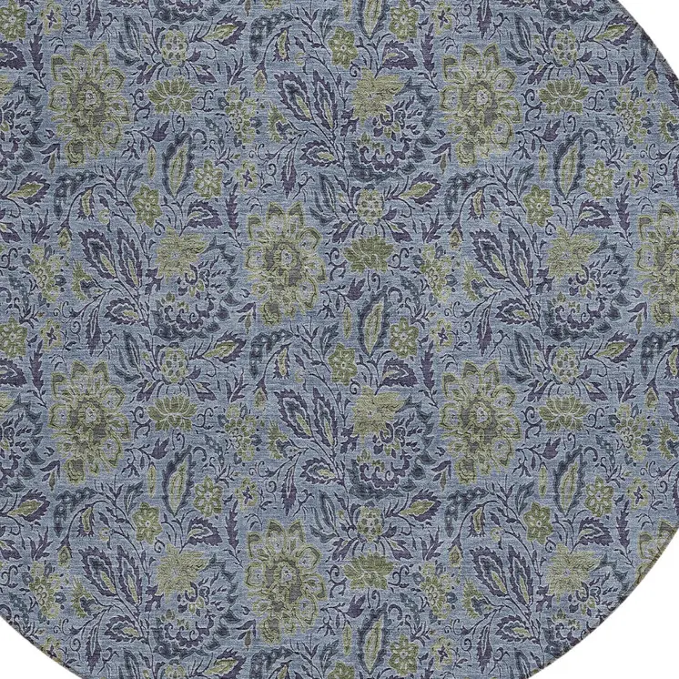 8' Denim Blue Navy Blue And Gray Round Floral Washable Indoor Outdoor Area Rug
