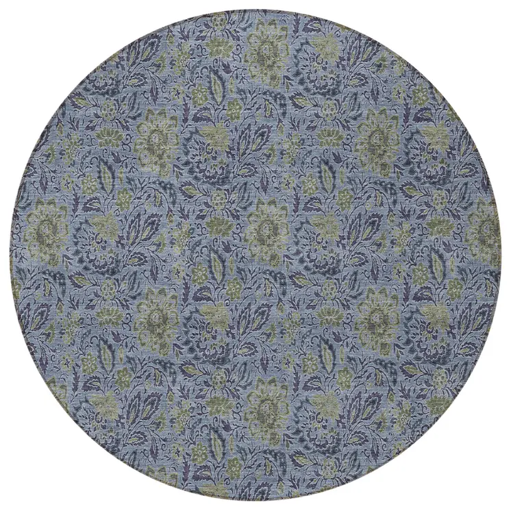 8' Denim Blue Navy Blue And Gray Round Floral Washable Indoor Outdoor Area Rug