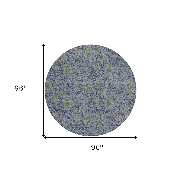 8' Denim Blue Navy Blue And Gray Round Floral Washable Indoor Outdoor Area Rug
