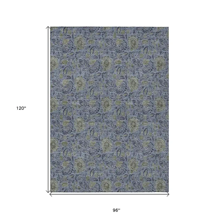 8' X 10' Denim Blue Navy Blue And Gray Floral Washable Indoor Outdoor Area Rug