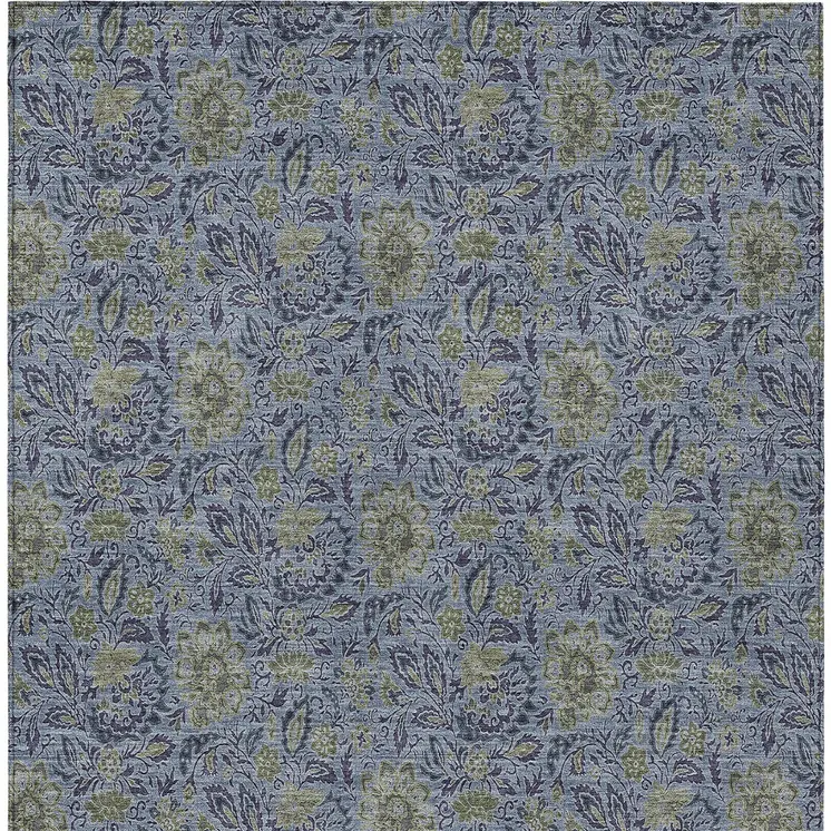 9' X 12' Denim Blue Navy Blue And Gray Floral Washable Indoor Outdoor Area Rug