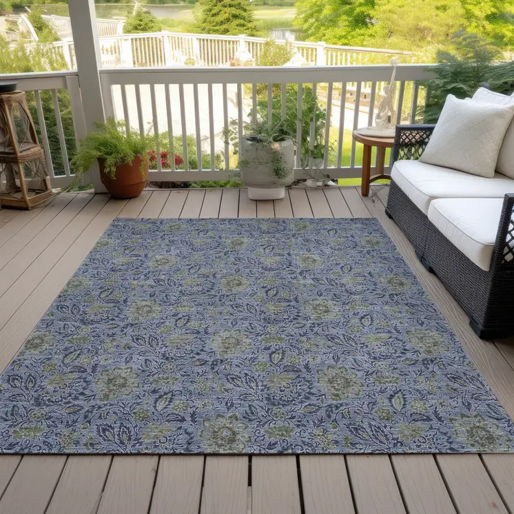 9' X 12' Denim Blue Navy Blue And Gray Floral Washable Indoor Outdoor Area Rug