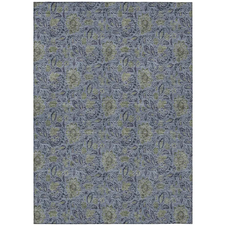9' X 12' Denim Blue Navy Blue And Gray Floral Washable Indoor Outdoor Area Rug