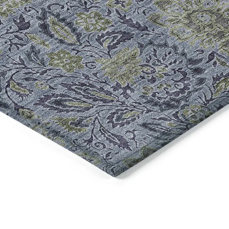 9' X 12' Denim Blue Navy Blue And Gray Floral Washable Indoor Outdoor Area Rug