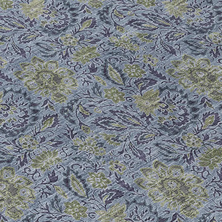 9' X 12' Denim Blue Navy Blue And Gray Floral Washable Indoor Outdoor Area Rug