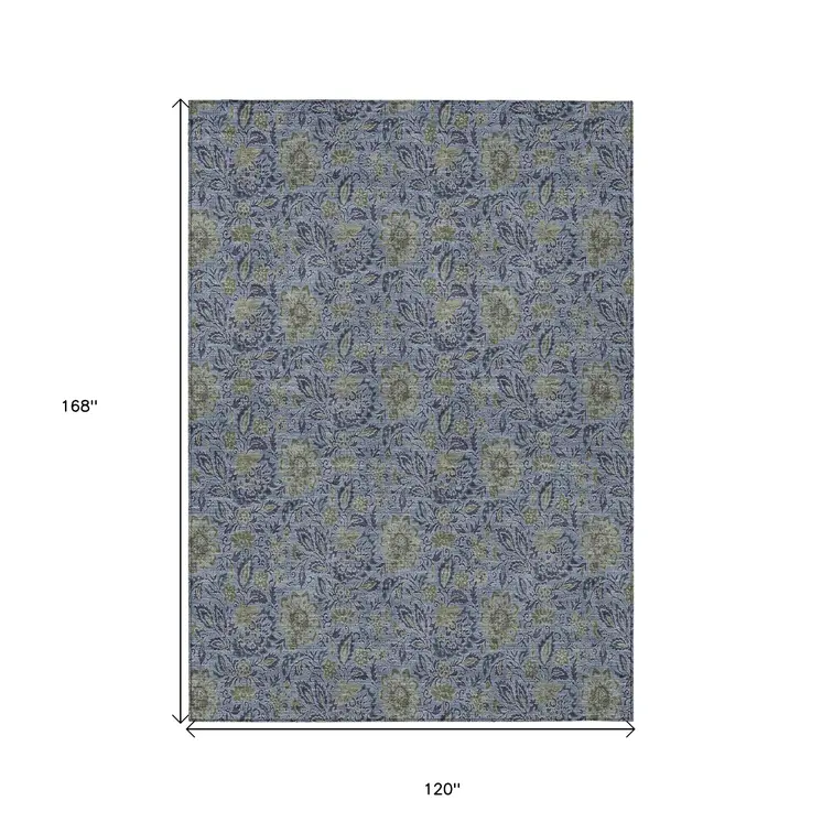 10' X 14' Denim Blue Navy Blue And Gray Floral Washable Indoor Outdoor Area Rug