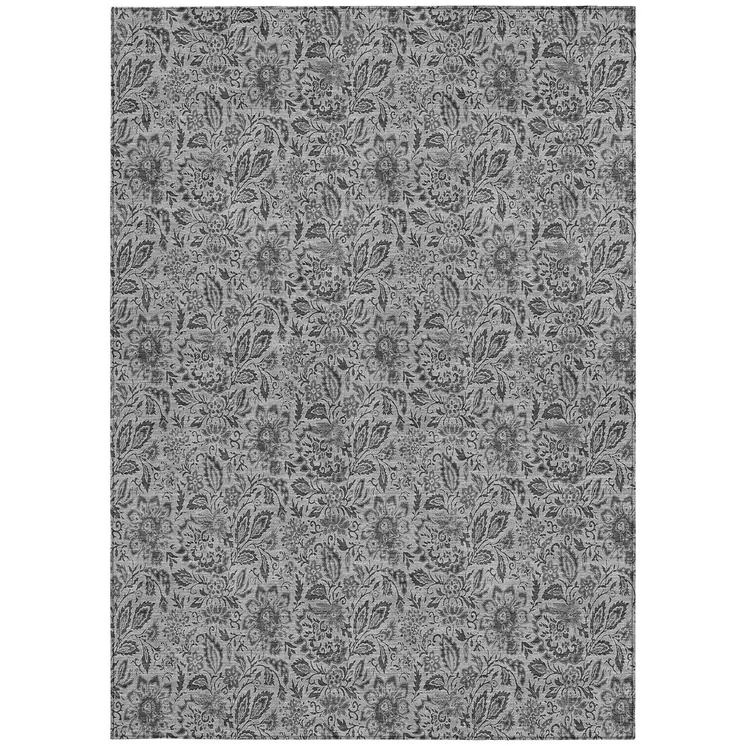 5' X 8' Gray Silver And Charcoal Floral Washable Indoor Outdoor Area Rug