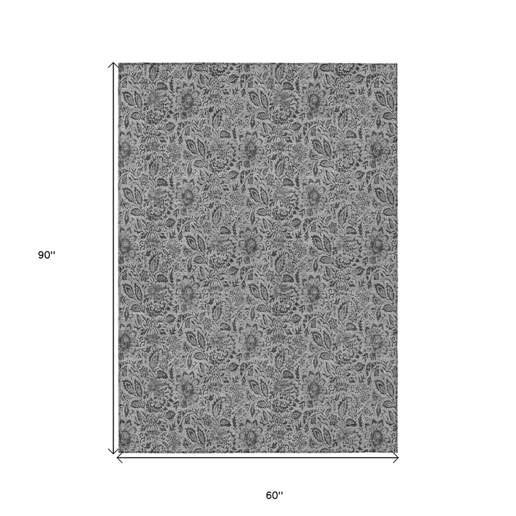 5' X 8' Gray Silver And Charcoal Floral Washable Indoor Outdoor Area Rug