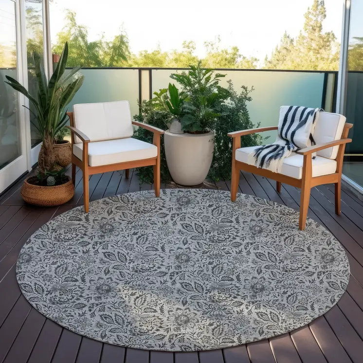 8' Gray Silver And Charcoal Round Floral Washable Indoor Outdoor Area Rug