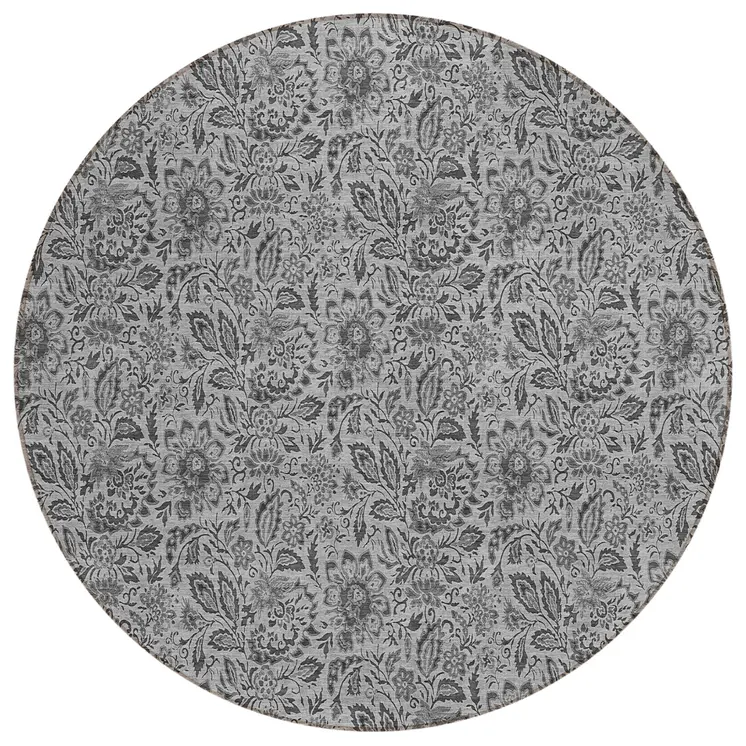 8' Gray Silver And Charcoal Round Floral Washable Indoor Outdoor Area Rug