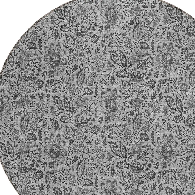 8' Gray Silver And Charcoal Round Floral Washable Indoor Outdoor Area Rug