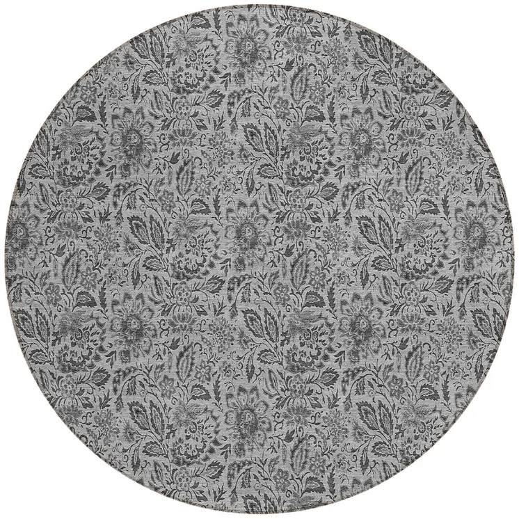 8' Gray Silver And Charcoal Round Floral Washable Indoor Outdoor Area Rug