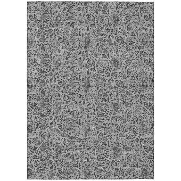 8' X 10' Gray Silver And Charcoal Floral Washable Indoor Outdoor Area Rug