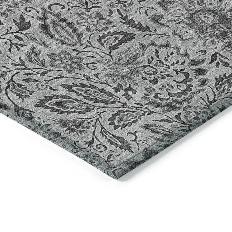 8' X 10' Gray Silver And Charcoal Floral Washable Indoor Outdoor Area Rug