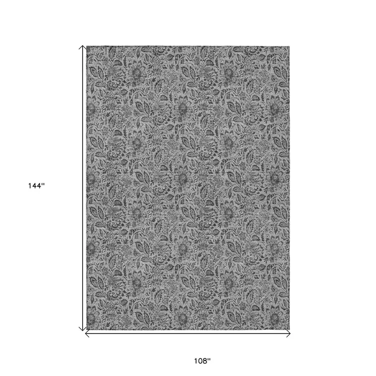 9' X 12' Gray Silver And Charcoal Floral Washable Indoor Outdoor Area Rug