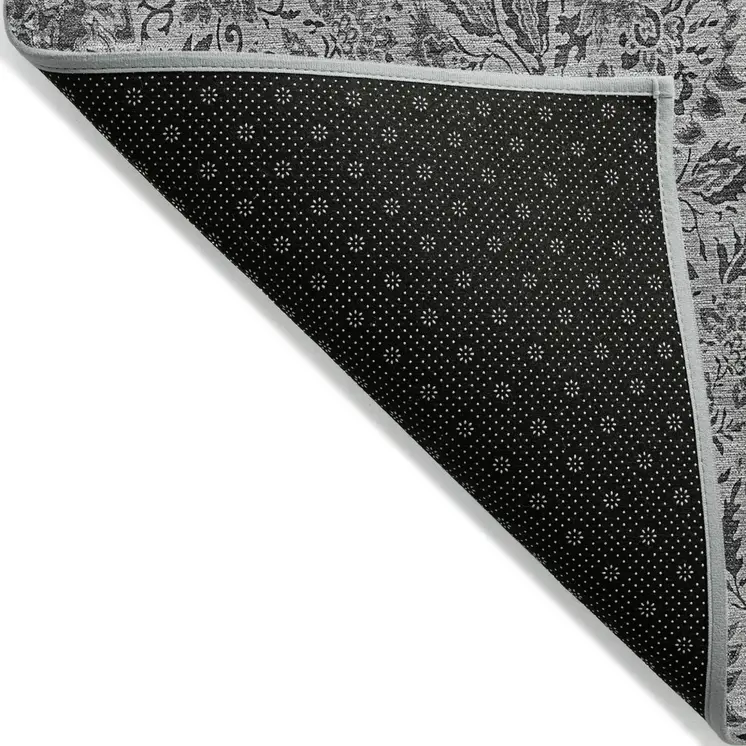 9' X 12' Gray Silver And Charcoal Floral Washable Indoor Outdoor Area Rug