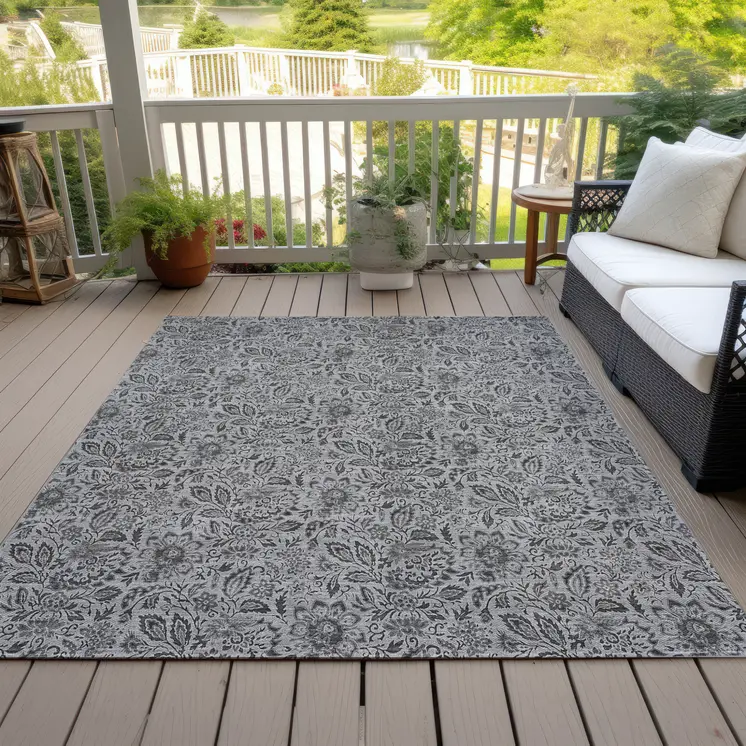 10' X 14' Gray Silver And Charcoal Floral Washable Indoor Outdoor Area Rug