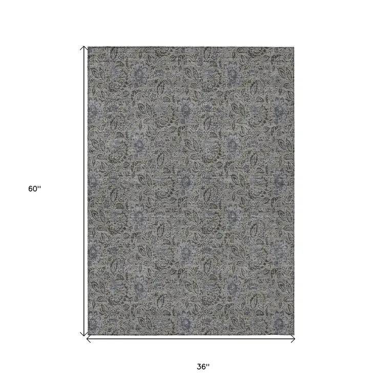 3' X 5' Khaki Taupe And Gray Floral Washable Indoor Outdoor Area Rug
