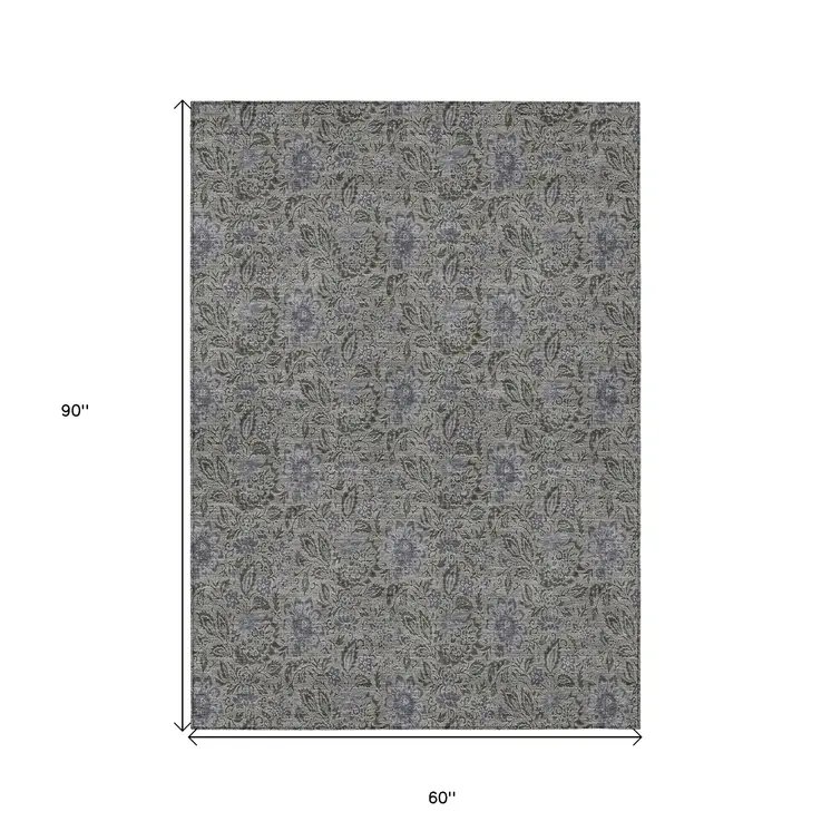 5' X 8' Khaki Taupe And Gray Floral Washable Indoor Outdoor Area Rug