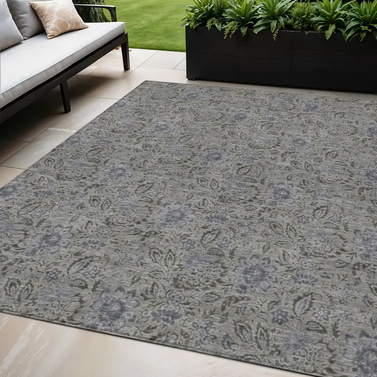 5' X 8' Khaki Taupe And Gray Floral Washable Indoor Outdoor Area Rug