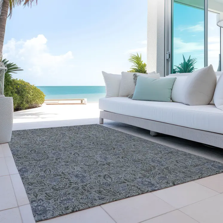 5' X 8' Khaki Taupe And Gray Floral Washable Indoor Outdoor Area Rug