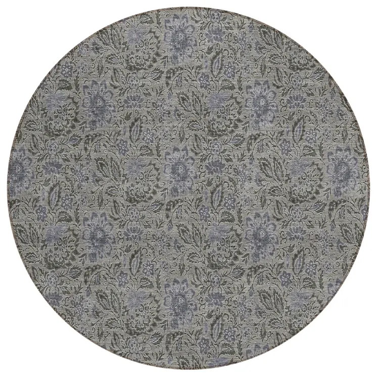 8' Khaki Taupe And Gray Round Floral Washable Indoor Outdoor Area Rug